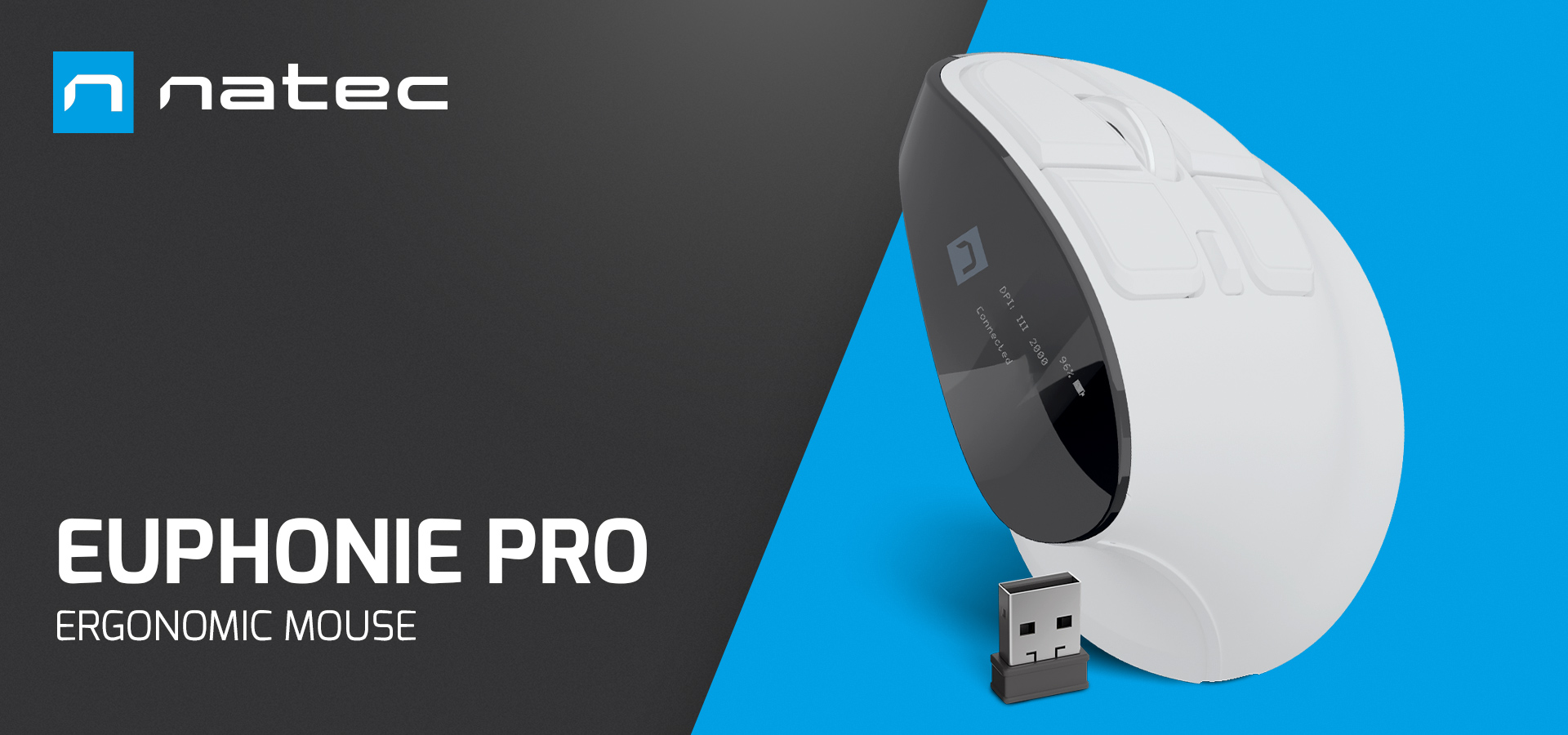 Ergonomic mouse with a curved design and a small wireless connection adapter.