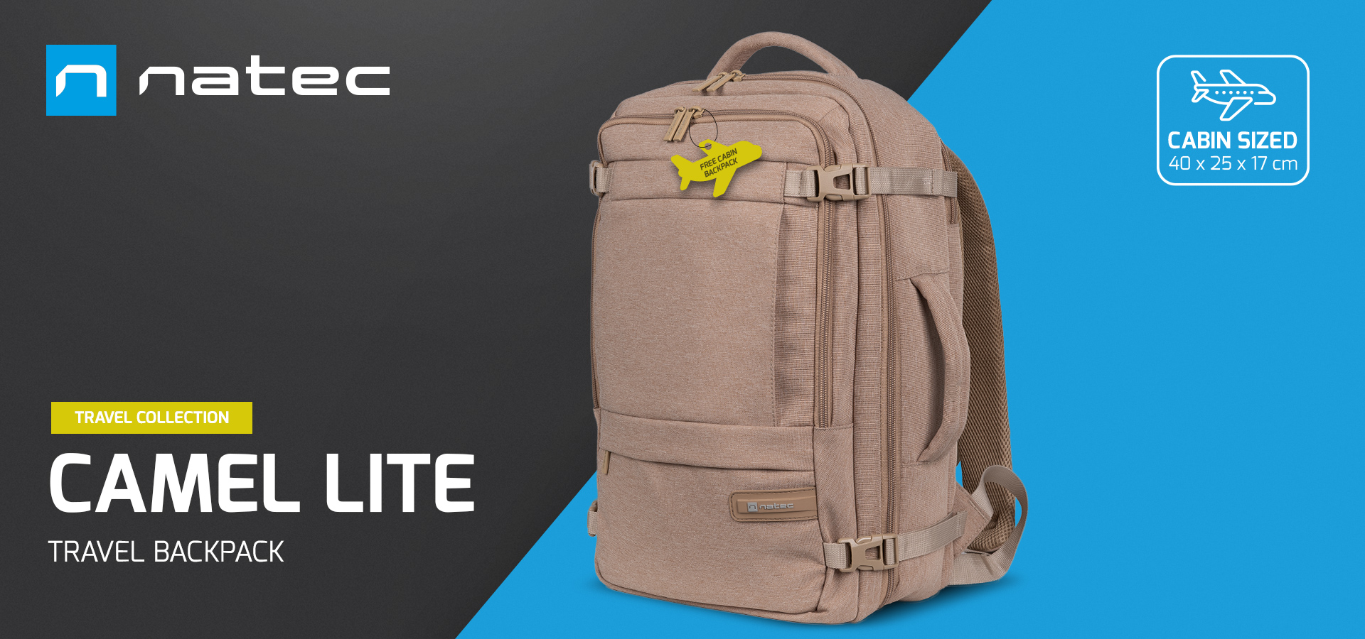 Light brown travel backpack with multiple compartments and a yellow airplane tag.