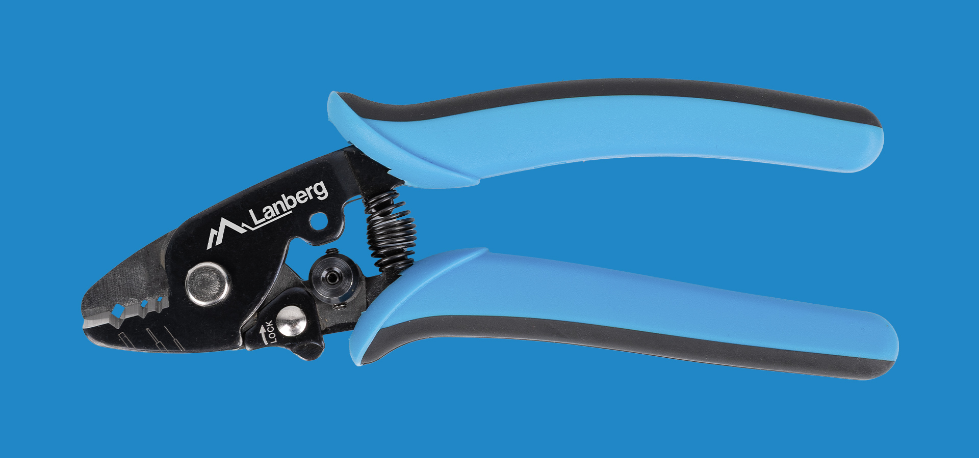 Narzędzie ręczne z czarnymi metalowymi szczękami i niebieskim gumowym uchwytem do cięcia i zaciskania.