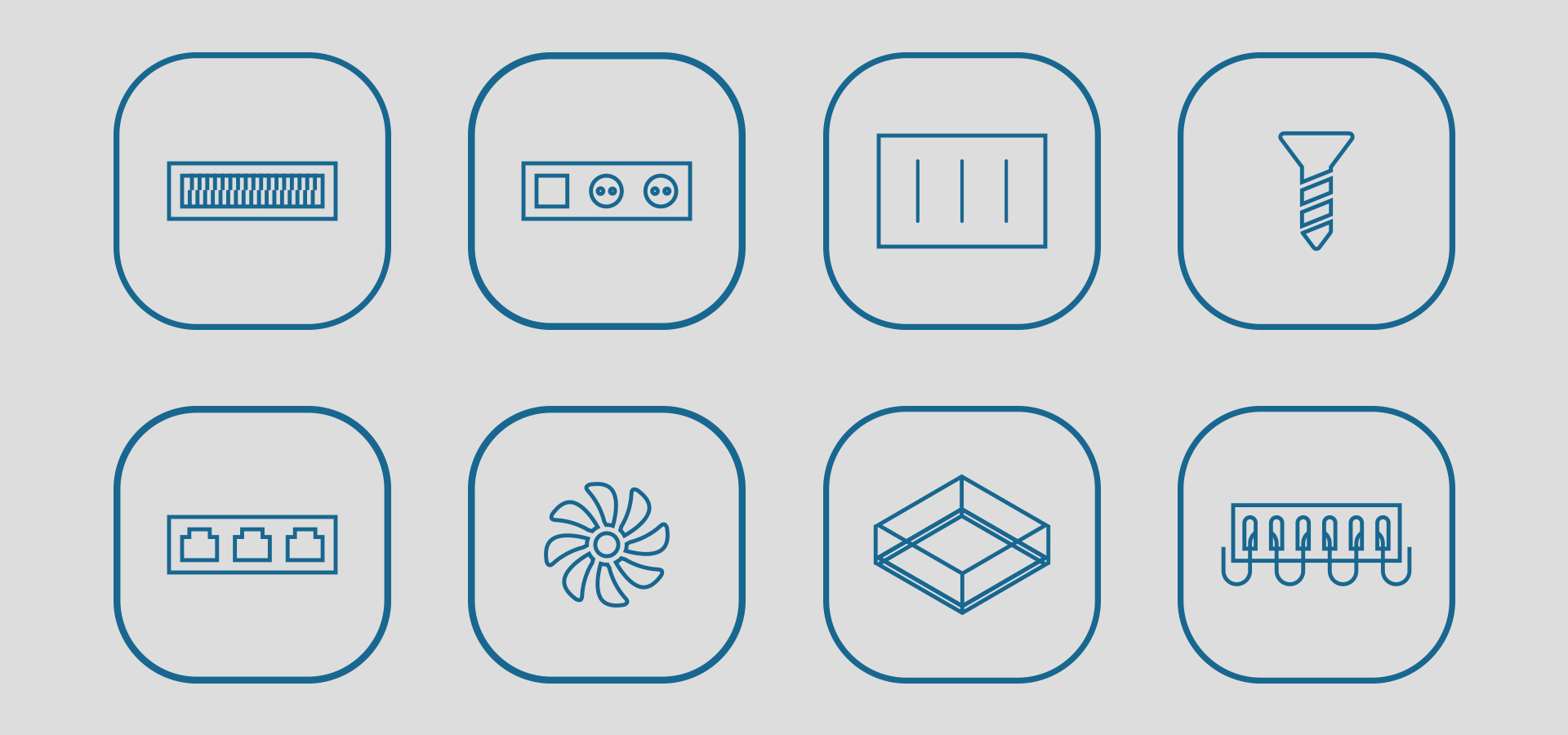 Ikony przedstawiające różne elementy związane z otwartą szafą 19", w tym otwory wentylacyjne, śruby i gniazda zasilania.