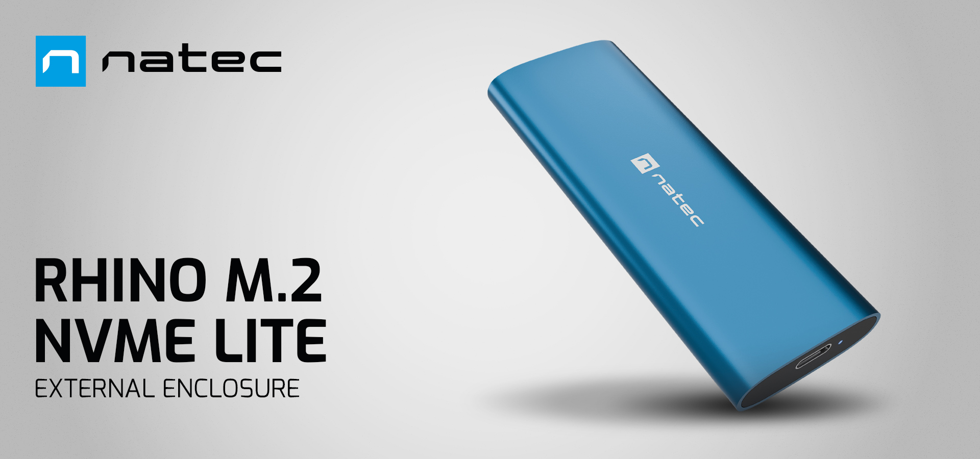 Blue external enclosure for storage devices with a sleek design and connection port.