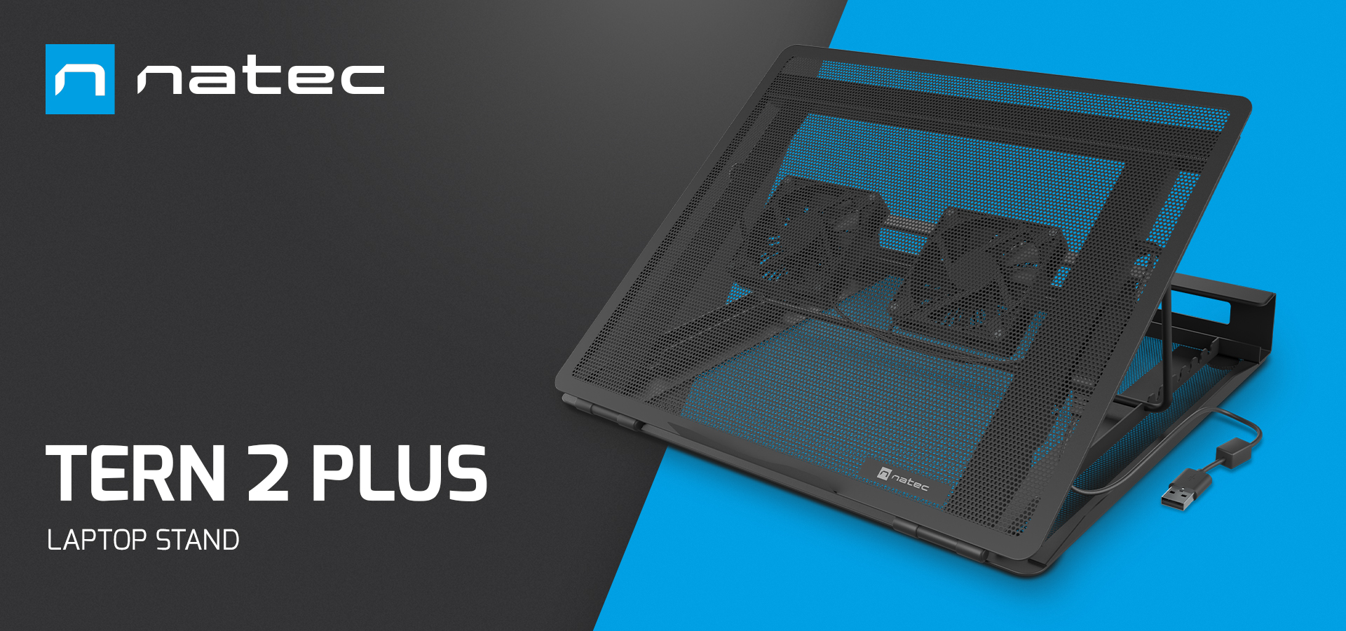 Laptop cooling stand Natec Tern 2 Plus supports 12.1" to 17.3" laptops and features two built-in fans