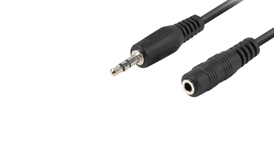 Audio extension cable with a 3.5mm male jack and female socket, black color, 1.5 meters long
