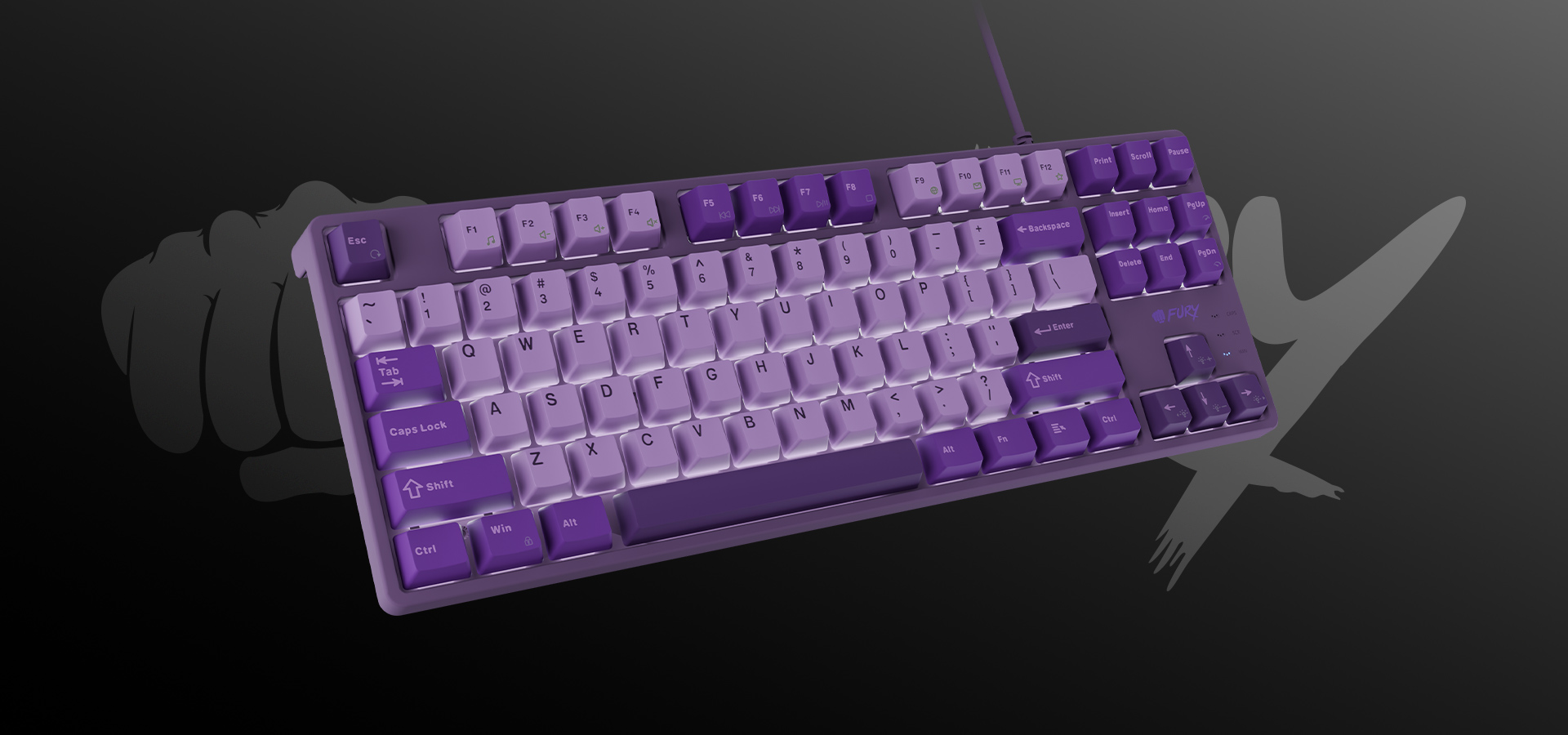 Fioletowa klawiatura mechaniczna z różnymi klawiszami i kablem połączeniowym.