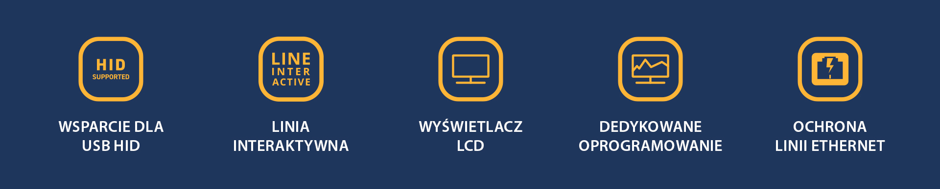 Pięć ikon przedstawiających różne funkcje, w tym linię interaktywną i wyświetlacz LCD.