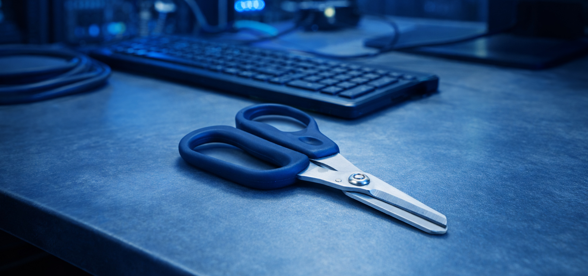 Para nożyczek z niebieską rączką leżąca na szarej powierzchni obok klawiatury.