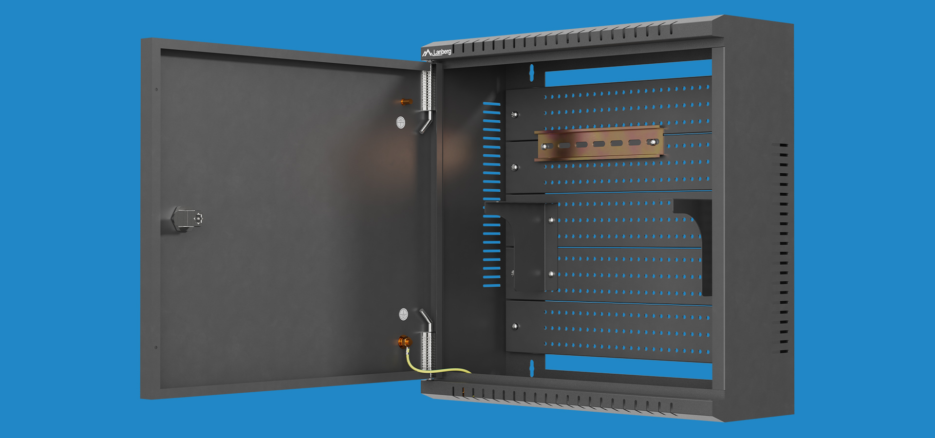 Metal cabinet with an open door revealing mounted hardware and ventilation holes.