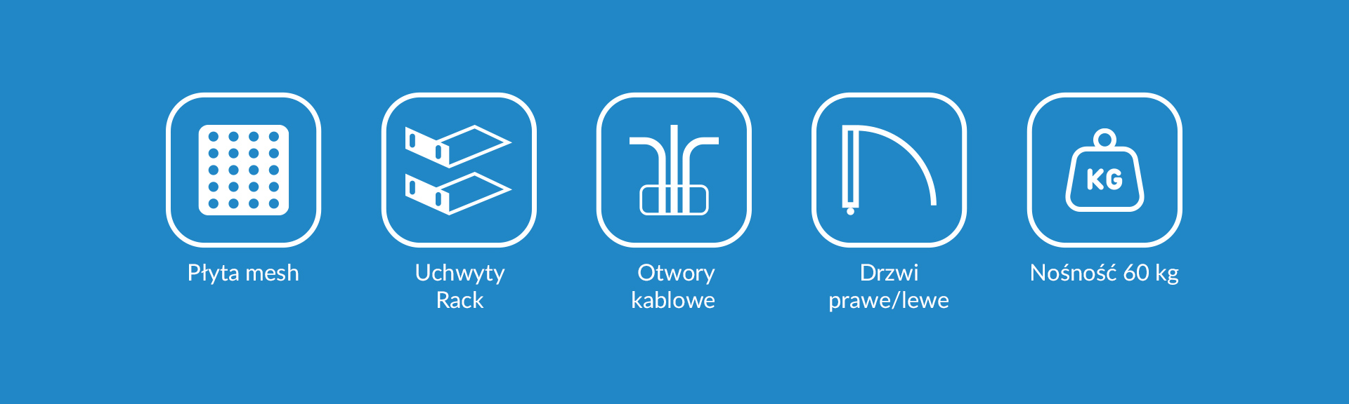 Ikony przedstawiające płytę siatkową, uchwyty, otwory na kable, drzwi i nośność.
