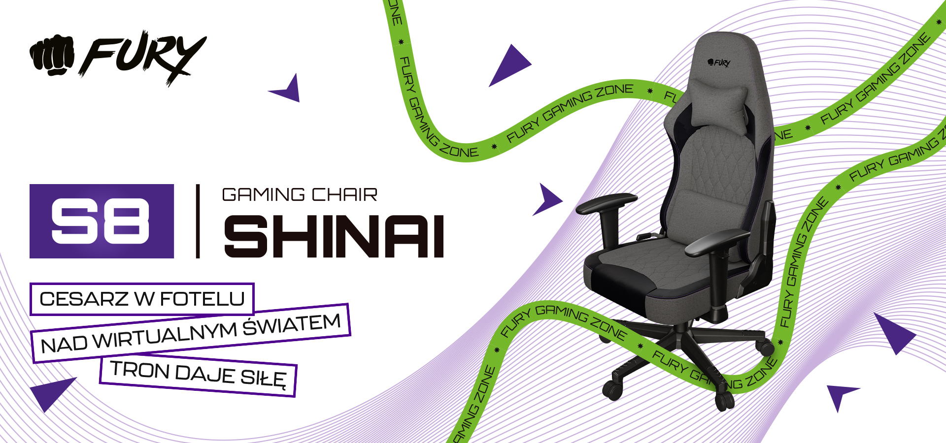 Szary fotel gamingowy Fury Shinai S8, zaprojektowany z myślą o komforcie i ergonomicznych funkcjach, idealny do długich sesji gamingowych.