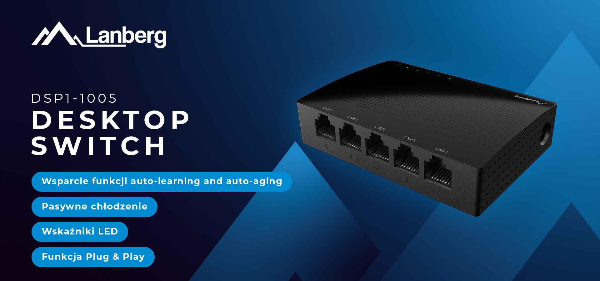 Czarny stacjonarny przełącznik sieciowy z wieloma portami Ethernet i wskaźnikami LED.