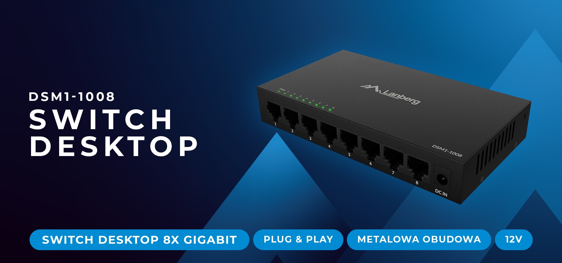 Przełącznik sieciowy na biurko z ośmioma portami w smukłej metalowej obudowie.