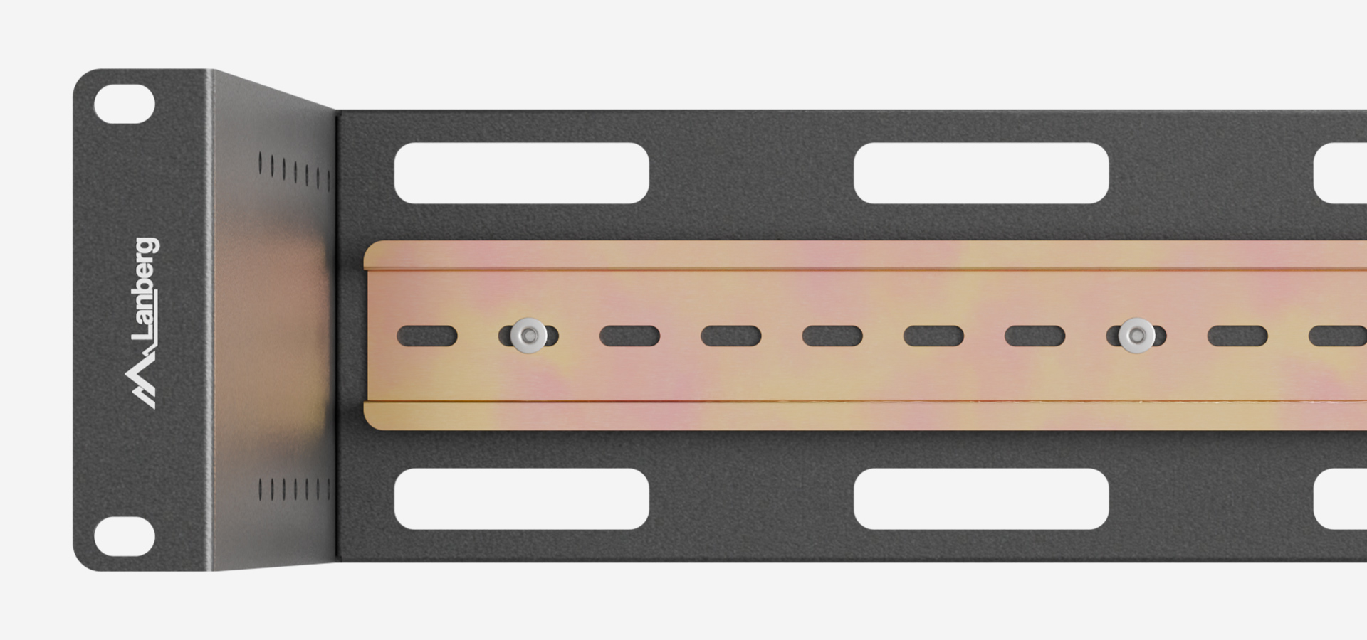 Mounting bracket with a metallic strip and multiple holes for secure installation options.