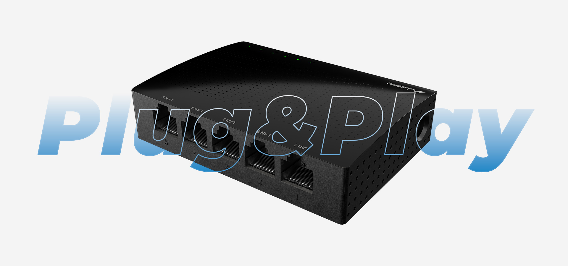 Czarny urządzenie sieciowe z dwoma portami i wskaźnikami na górze.