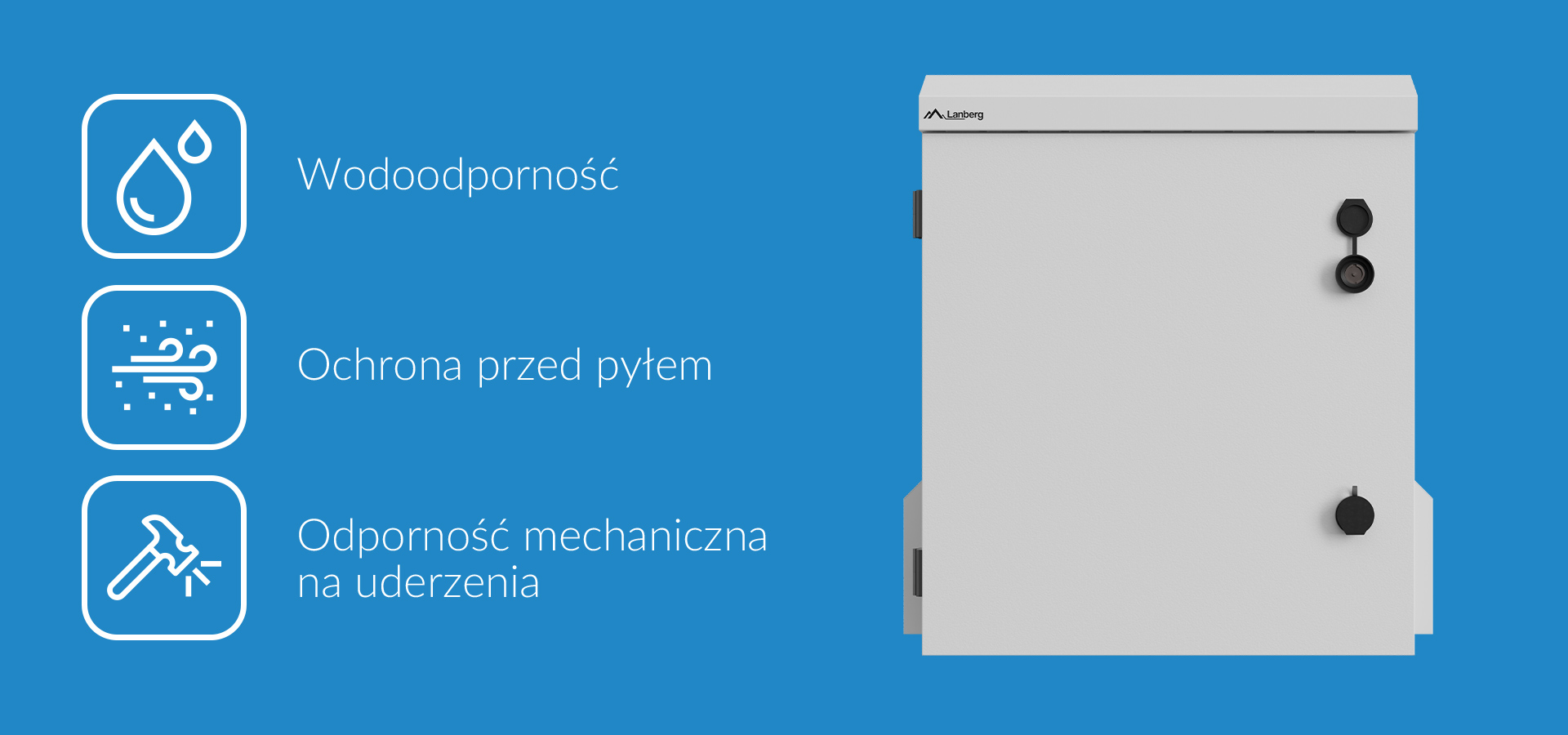 Biała obudowa elektryczna z dwoma mechanizmami blokującymi oraz ikonami wskazującymi cechy ochronne.