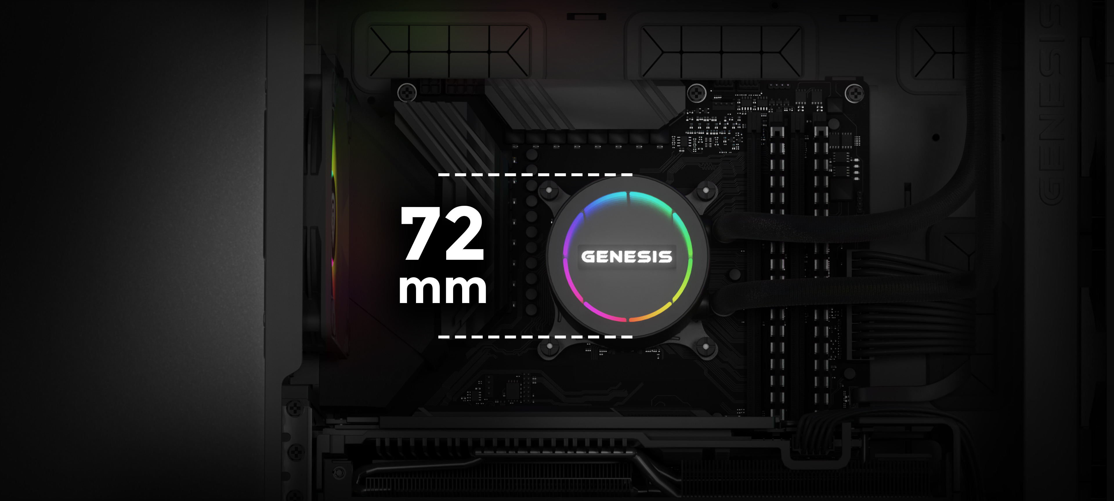 Wasserkühlsystem Genesis Hydria 360 in Schwarz, mit einem Pumpenkopf mit 72 mm Durchmesser und RGB-Beleuchtung auf einem Motherboard