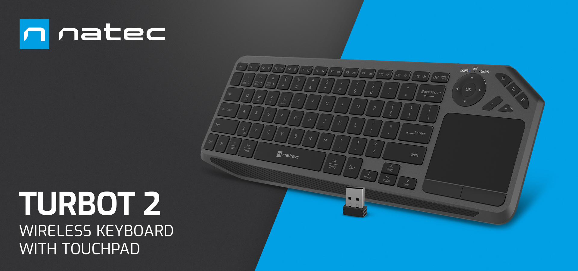 Wireless keyboard featuring a built-in touchpad and a small connection device.