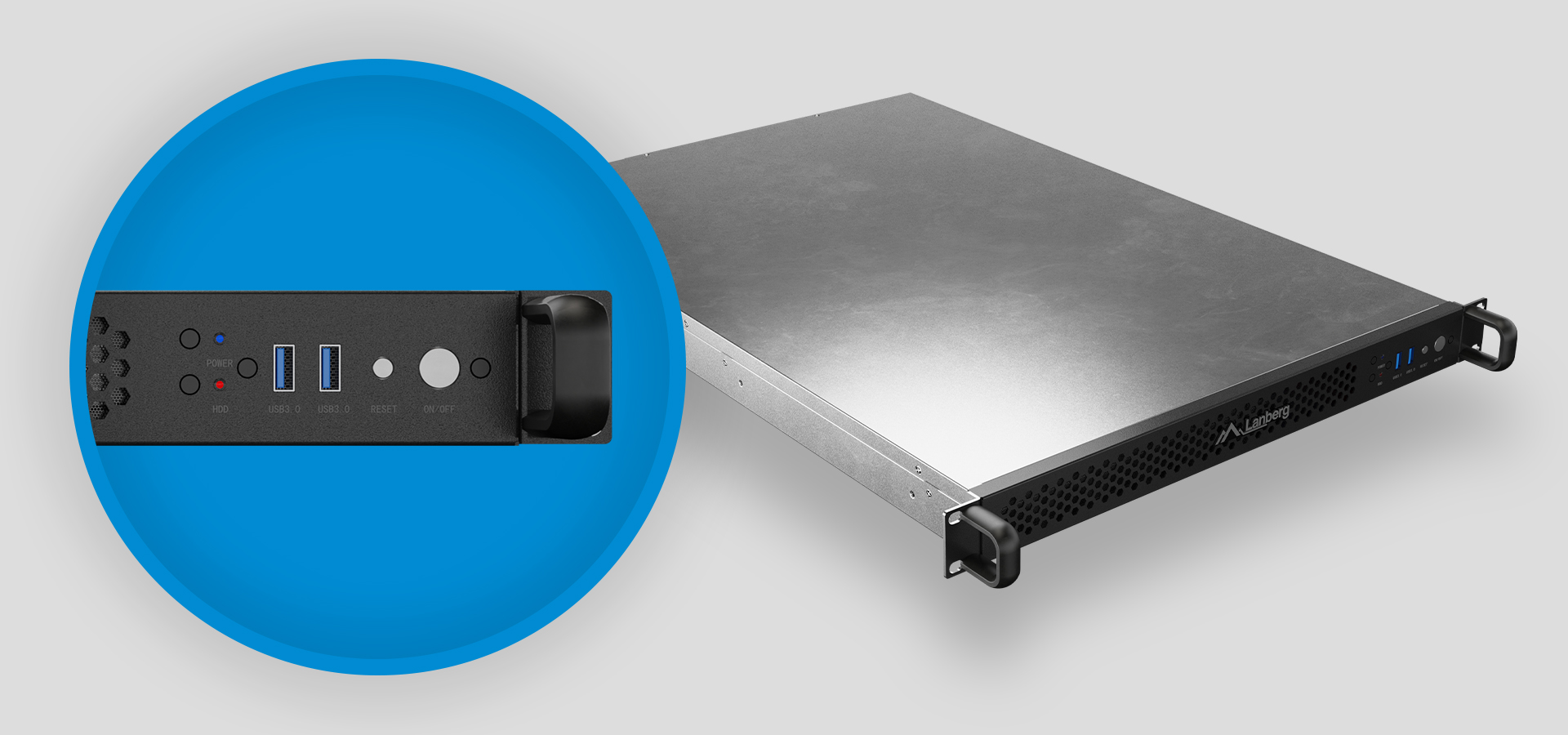 Obudowa serwerowa E-ATX firmy Lanberg, charakteryzująca się srebrną metalową konstrukcją z portami USB i przyciskiem zasilania z przodu.