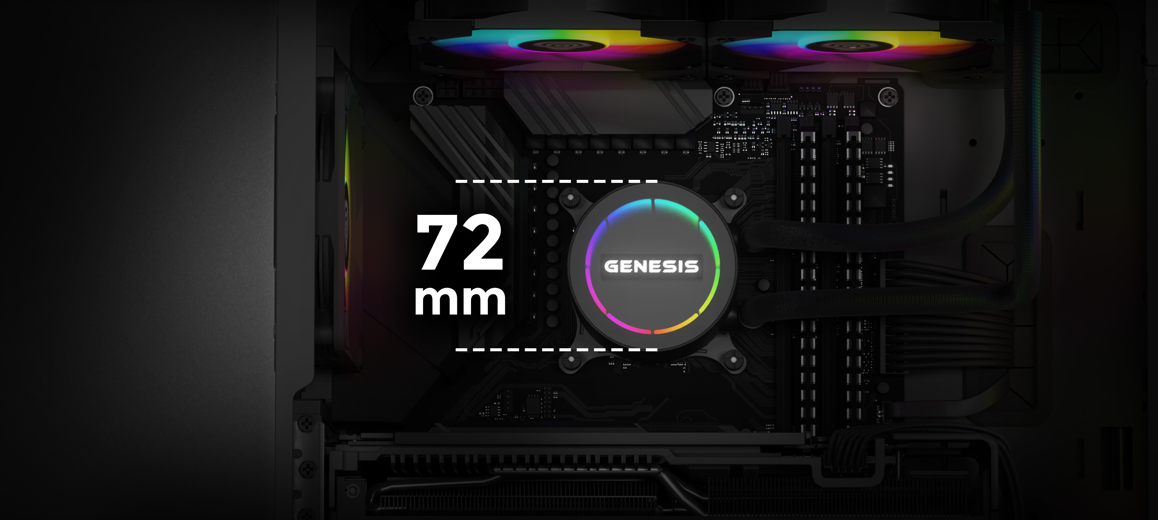 Nahaufnahme der Genesis Hydria 240 ARGB Wasserkühlung mit 72-mm-Pumpe und RGB-Beleuchtung in einem PC-Gehäuse