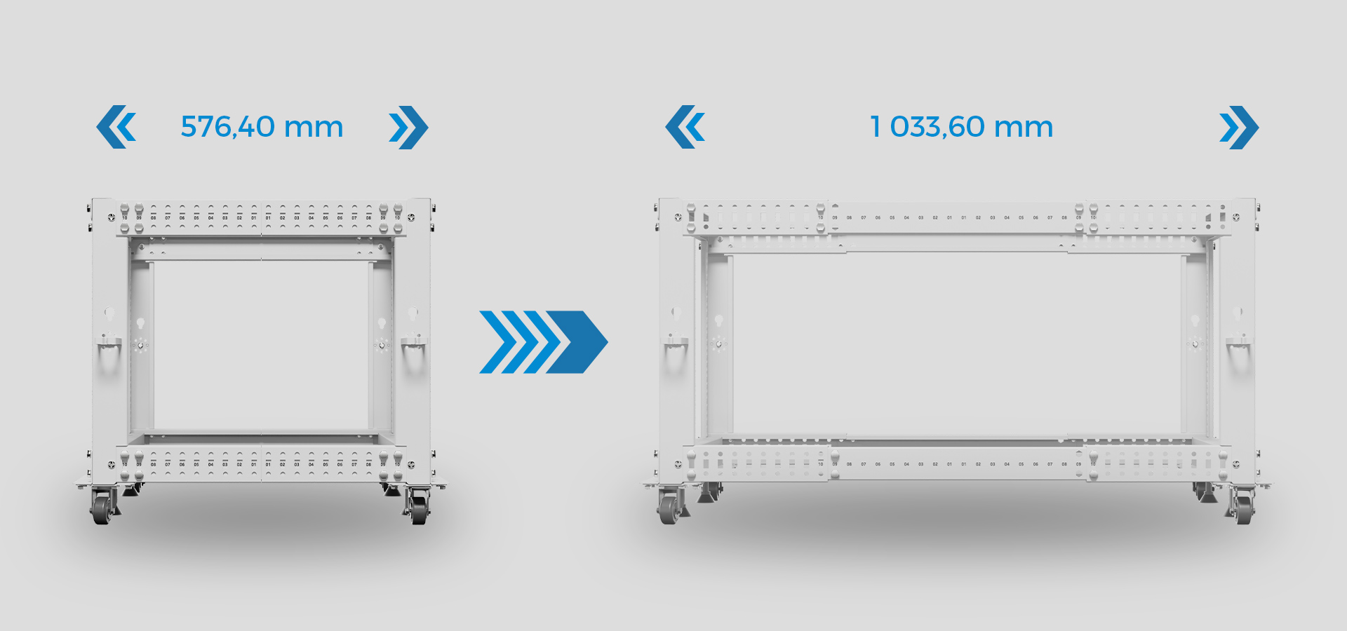 Regulowana szafa rack 19" otwarta 15U w kolorze szarym, w dwóch konfiguracjach szerokości: 576,40 mm i 1 033,60 mm
