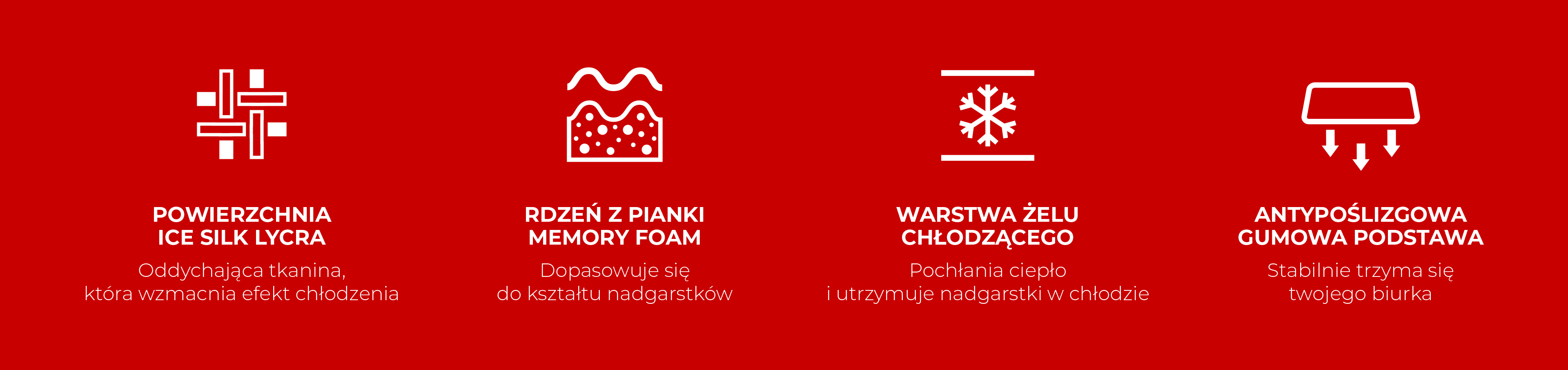 Cztery ikony przedstawiające cechy pokrowca chłodzącego na materac na czerwonym tle.