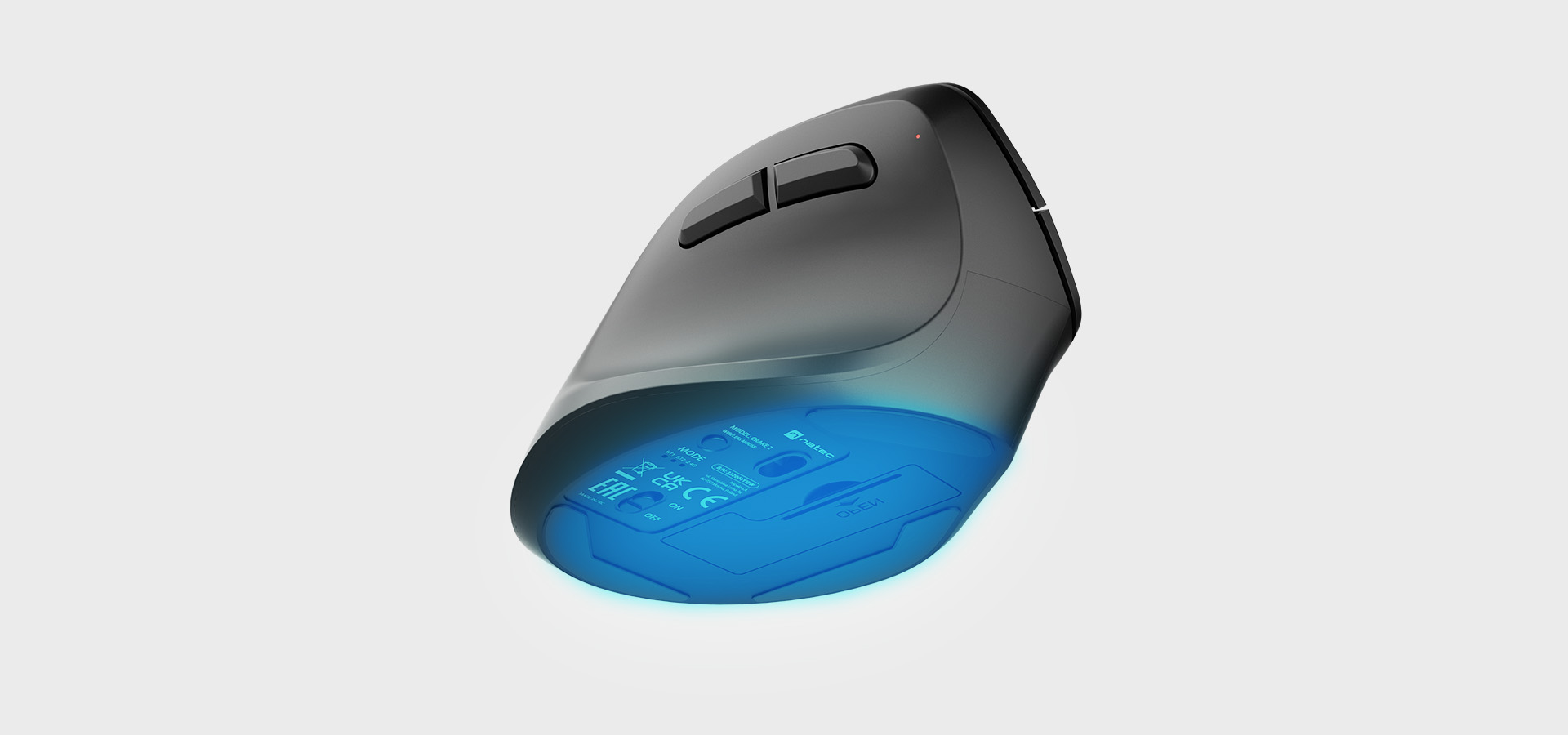 Computer mouse with a connection cable and a glowing blue light on the underside.