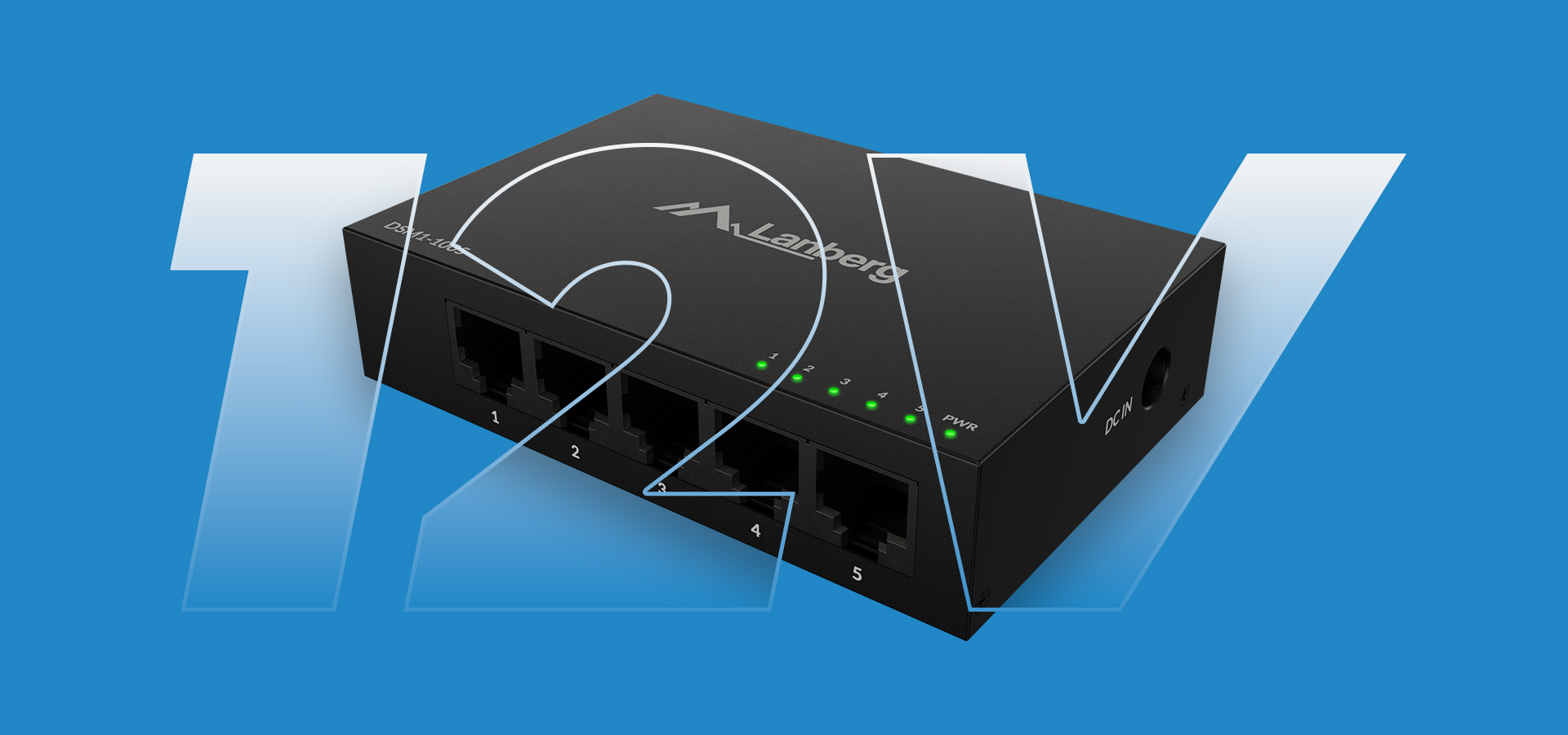 Przełącznik z pięcioma portami sieciowymi i diodami wskaźnikowymi na niebieskim tle.