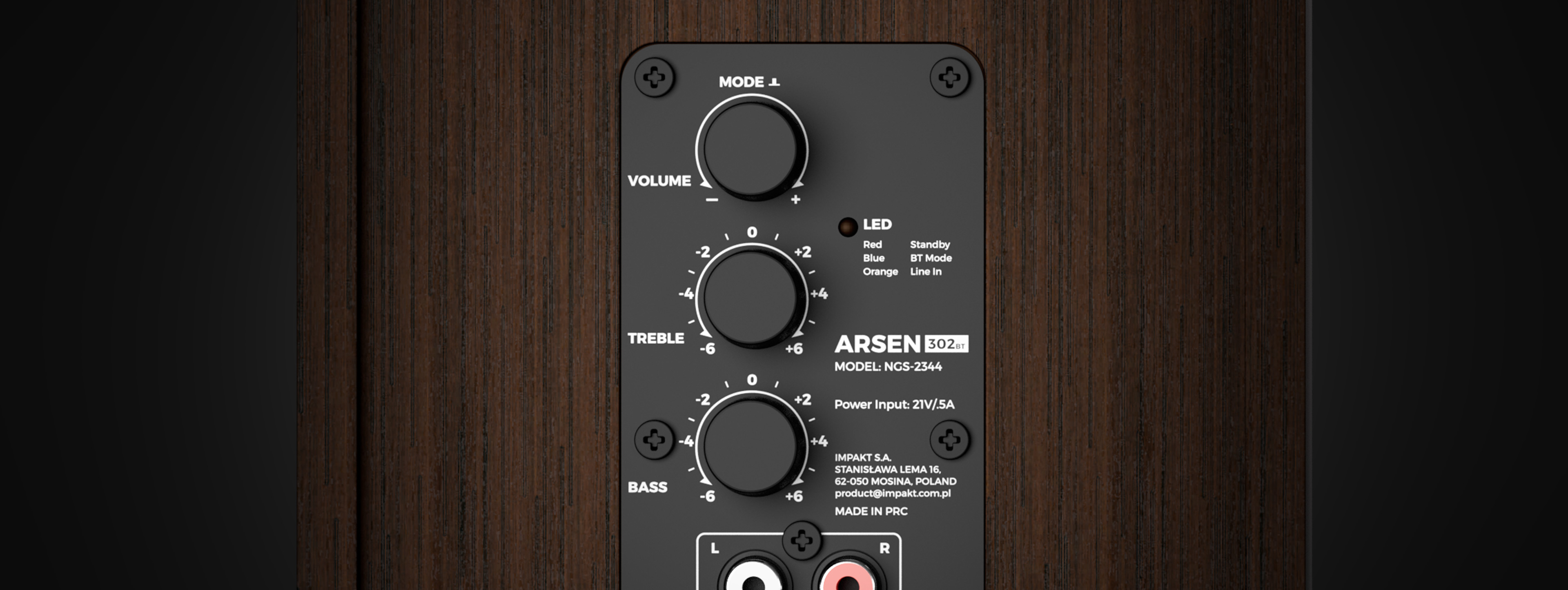 Bedienfeld der Genesis Arsen 302BT 2.0 Lautsprecher in Braun mit Lautstärke-, Höhen- und Bassreglern