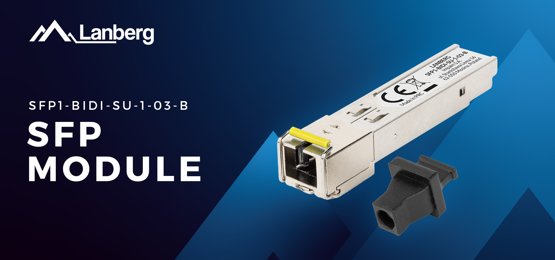 Compact module with a connector and a small accessory, set against a dark blue background.