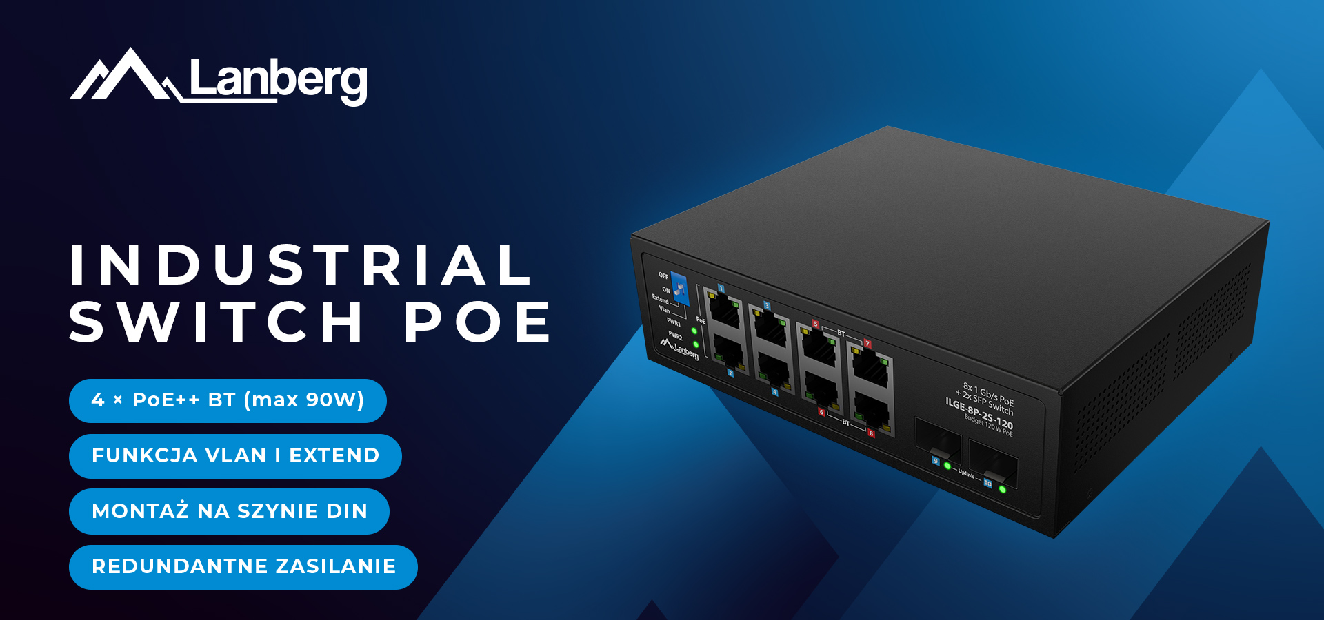 Przełącznik sieciowy o przemysłowym zastosowaniu z wieloma portami i nowoczesnym designem.