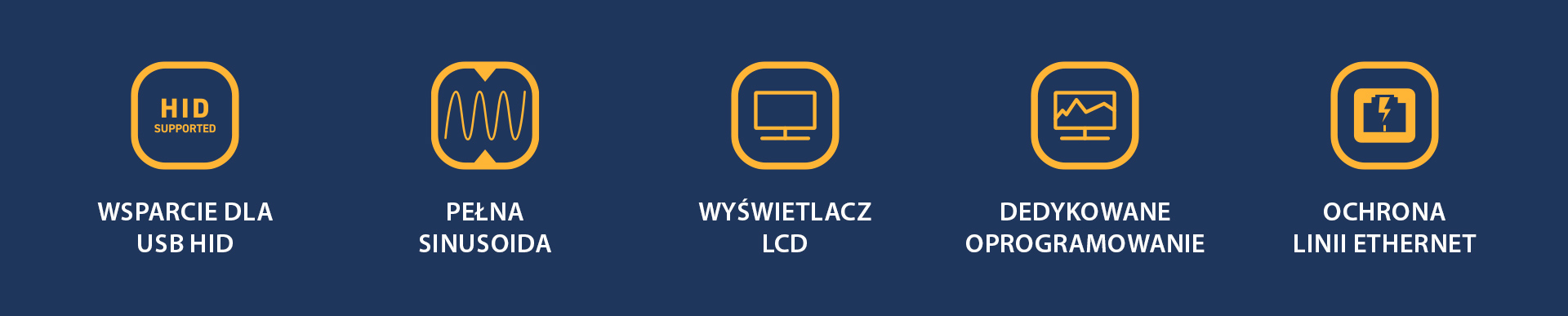 Pięć ikon przedstawiających cechy, w tym technologię wyświetlania i ochronę sieci.