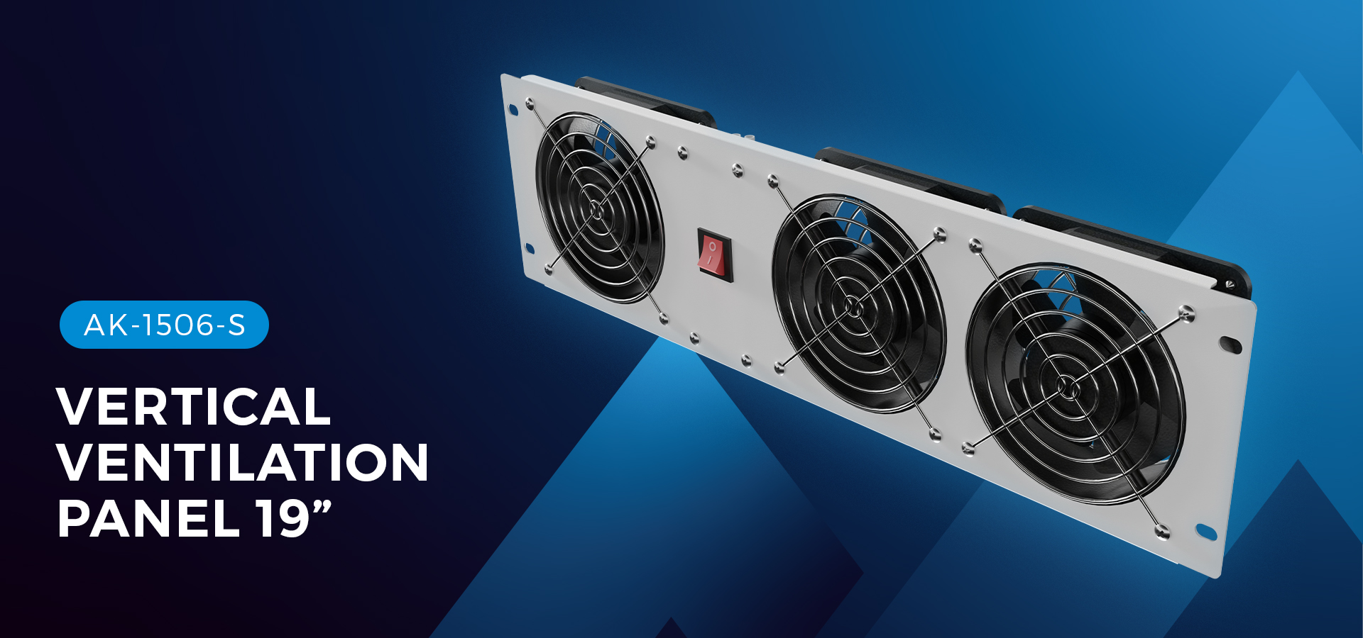Vertical 19" ventilation panel with three fans and a power switch, designed for rack cabinets. Gray finish
