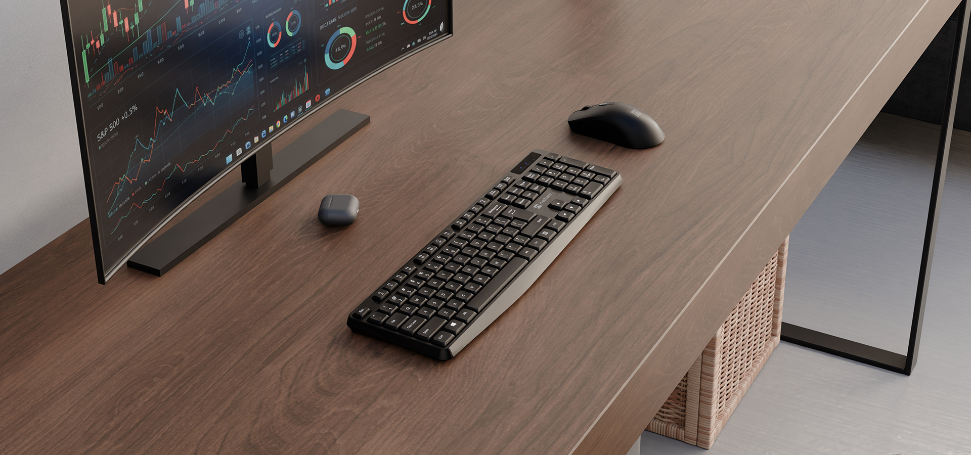 A wooden desk with a monitor, keyboard, mouse, and a small device on it.