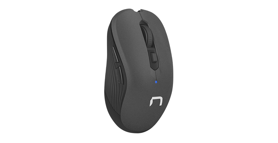 Ergonomic black computer mouse with side buttons and a glowing indicator light.