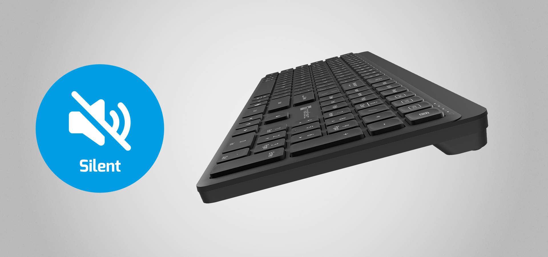 Black keyboard shown at an angle with a symbol indicating silent operation.