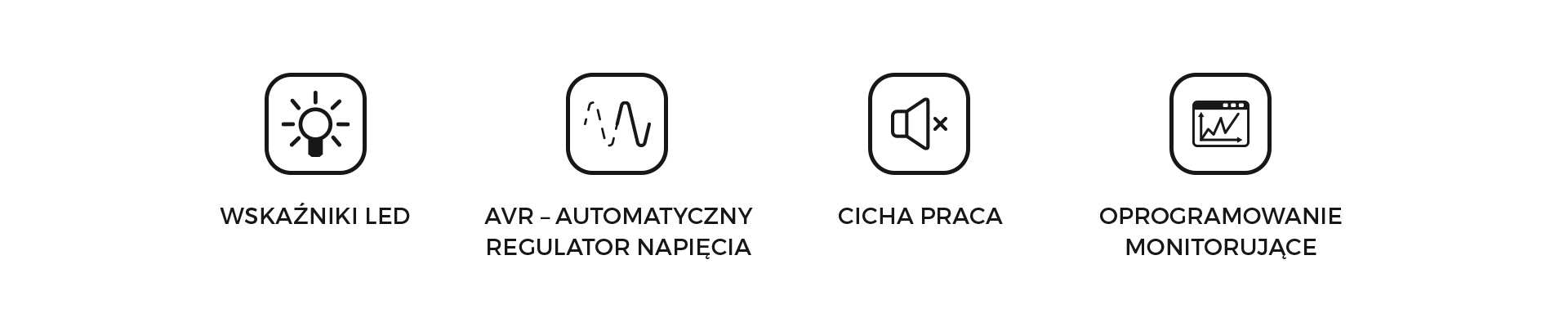 Cztery ikony przedstawiające wskaźniki LED, regulację napięcia, cichą pracę i oprogramowanie.