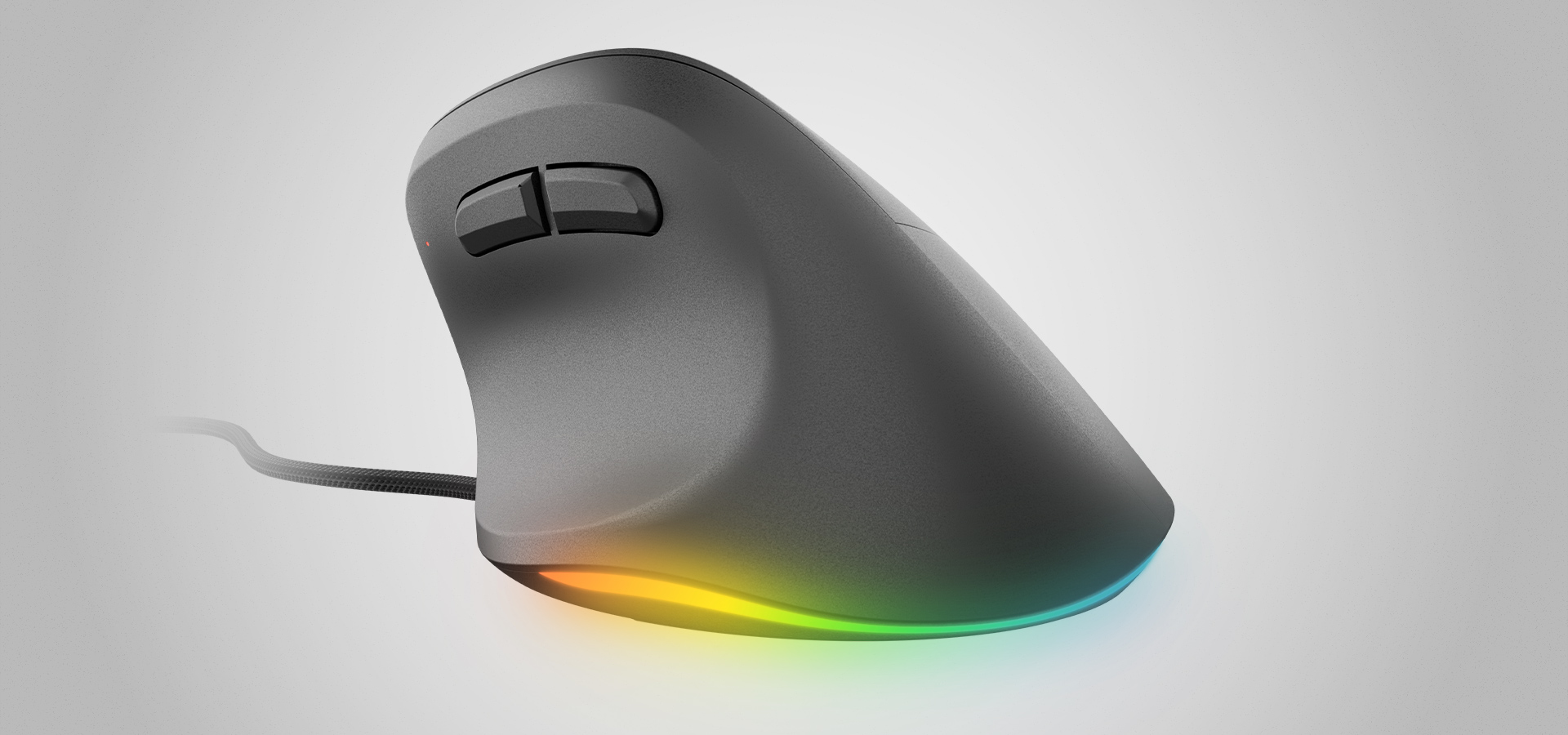 Gaming mouse with a wired connection and a glowing multicolor light on the bottom.