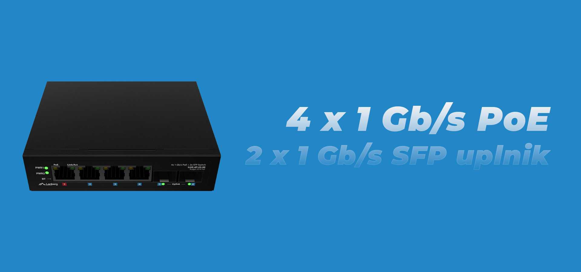 Urządzenie z czterema portami sieciowymi i dodatkowymi dwoma portami do rozszerzenia.