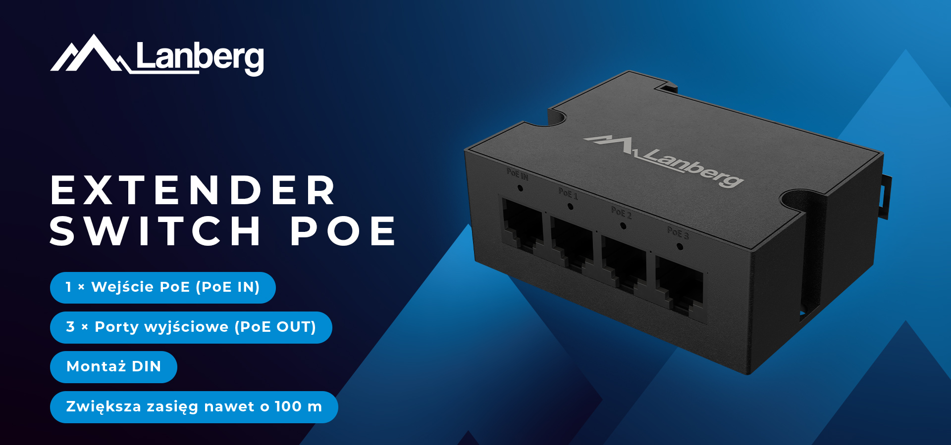 Czarny przełącznik sieciowy z wieloma portami wyjściowymi i złączem zasilania.