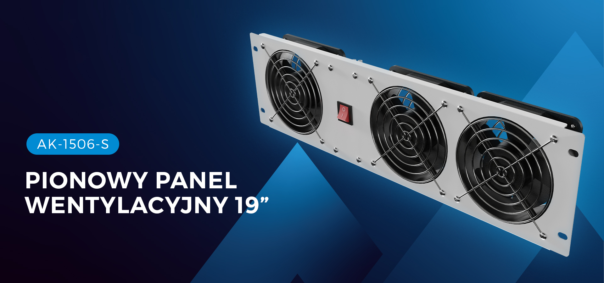 Pionowy panel wentylacyjny 19" z trzema wentylatorami 230V w kolorze szarym, przeznaczony do szaf rack. Posiada przełącznik zasilania