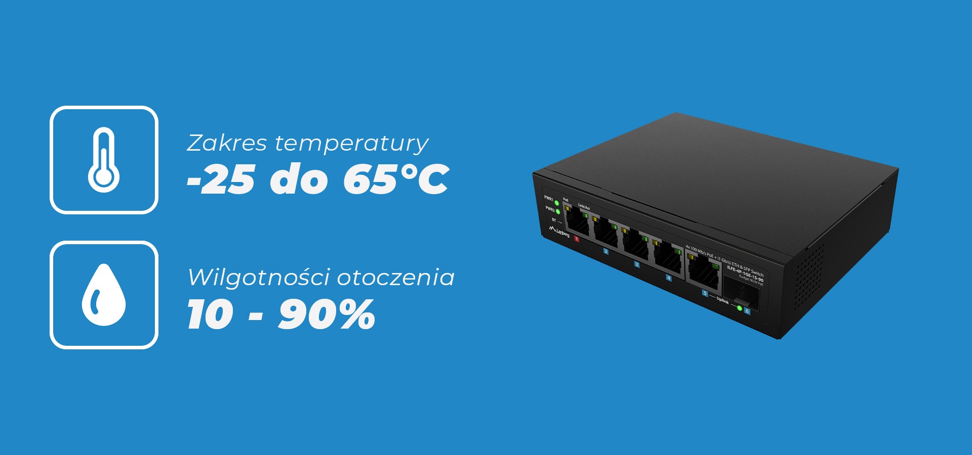 Urządzenie z wieloma portami po jednej stronie oraz ikonami przedstawiającymi temperaturę i wilgotność.