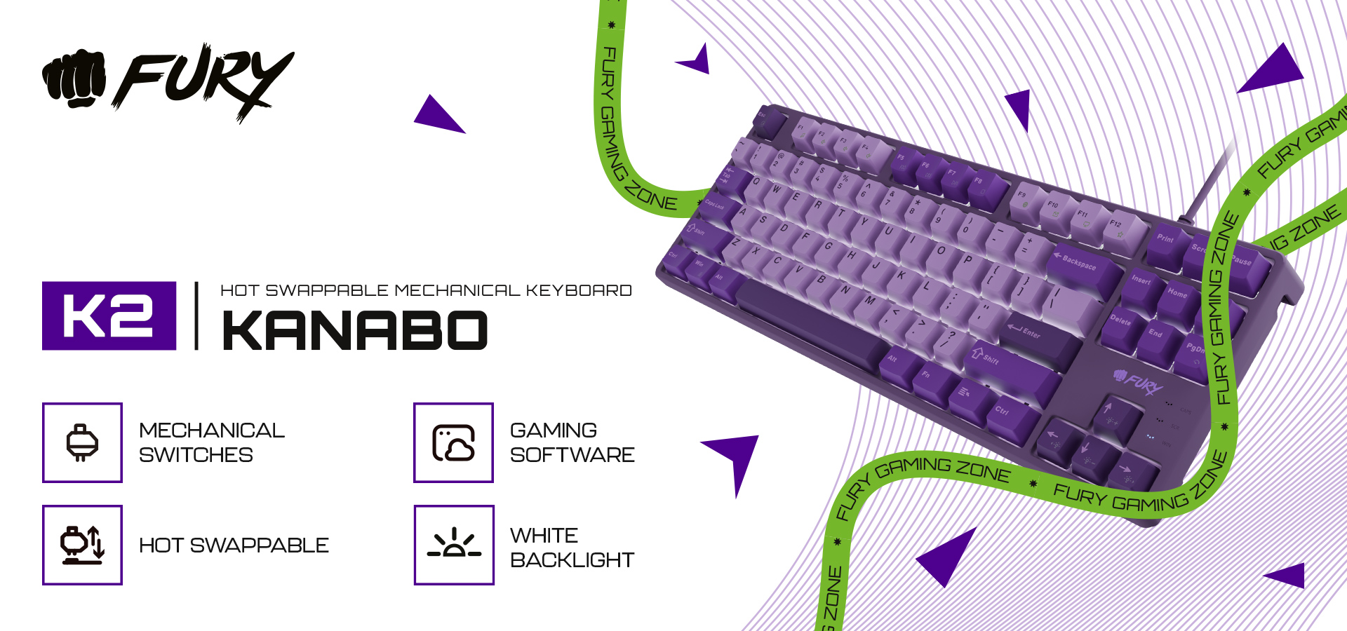 Fioletowa klawiatura mechaniczna z dostosowywanymi klawiszami i białym podświetleniem.