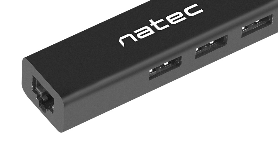Black device with multiple connection ports and a logo on the side.