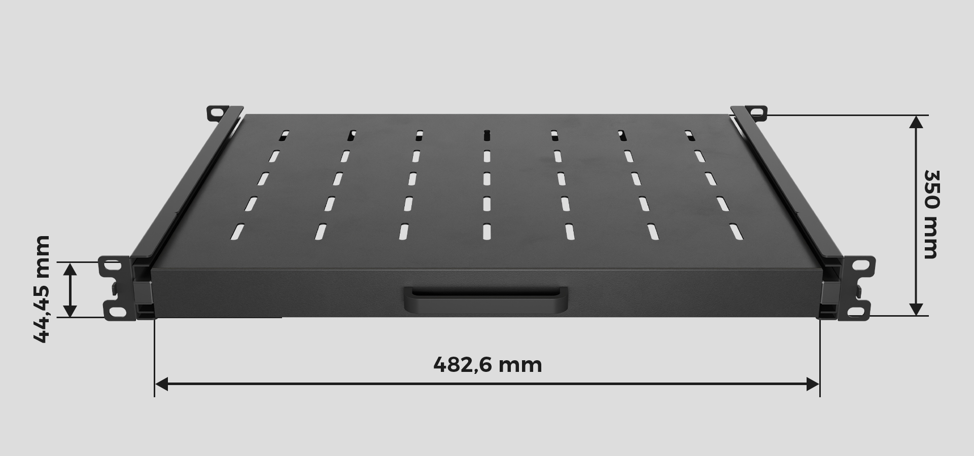 Czarna półka rack 19" o głębokości 350 mm, wysokości 1U i nośności 35 kg, wyposażona w 4-punktowy system montażu