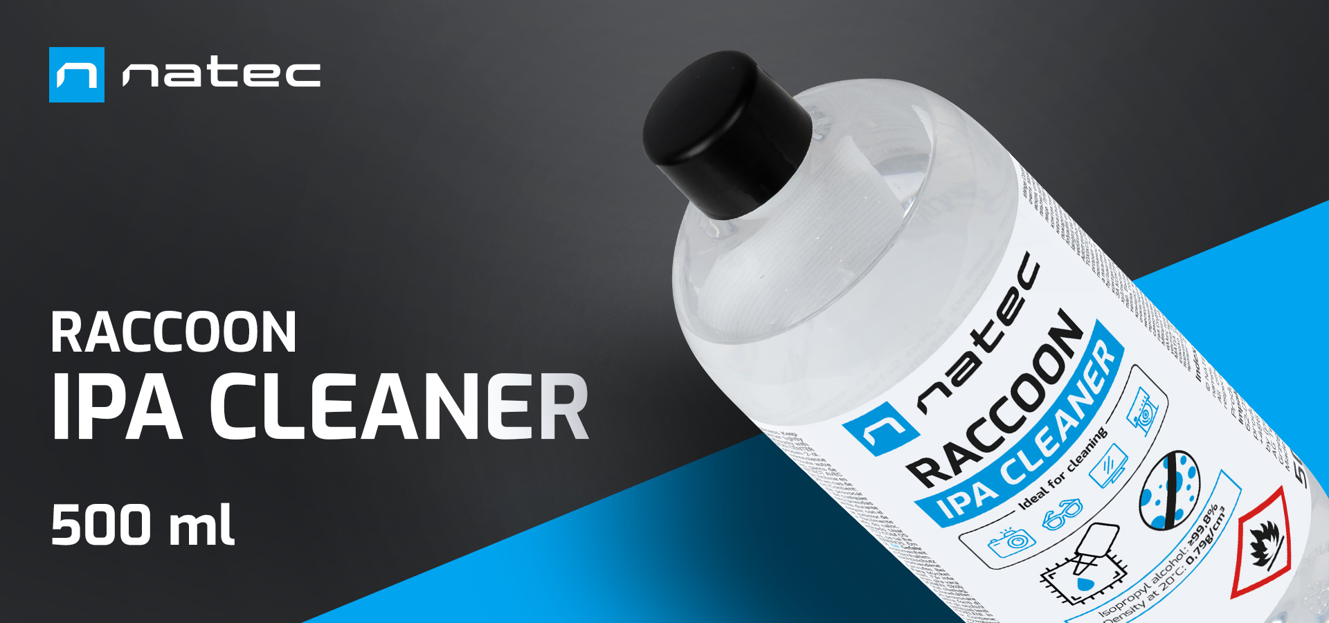 Transparent bottle with a black cap containing a cleaning solution labeled as IPA cleaner.