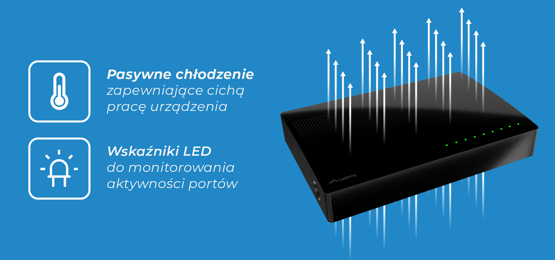 Urządzenie z pasywnym chłodzeniem dla cichej pracy oraz kontrolkami aktywności portów.