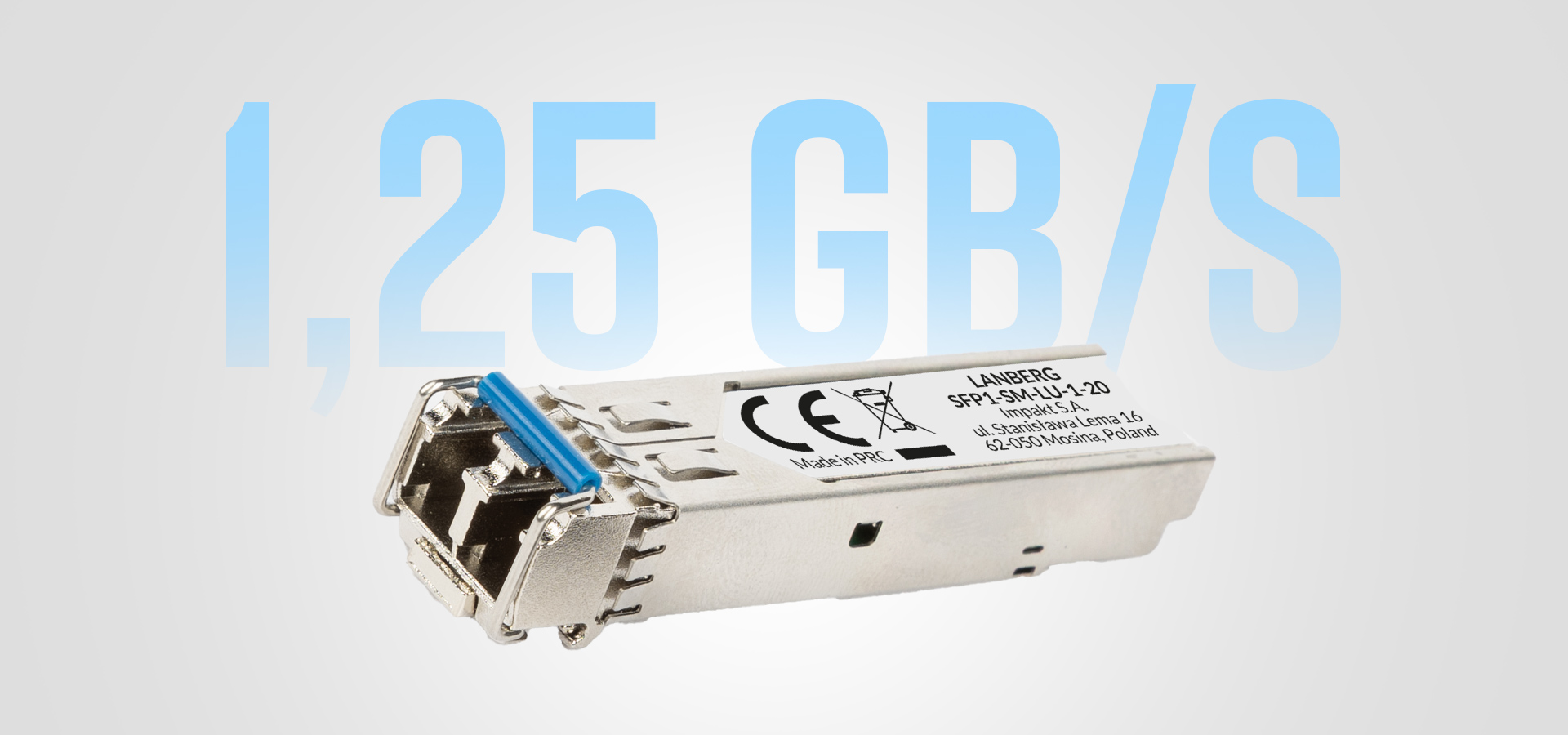 Transceiver module with a metallic casing and a blue connector on one end.