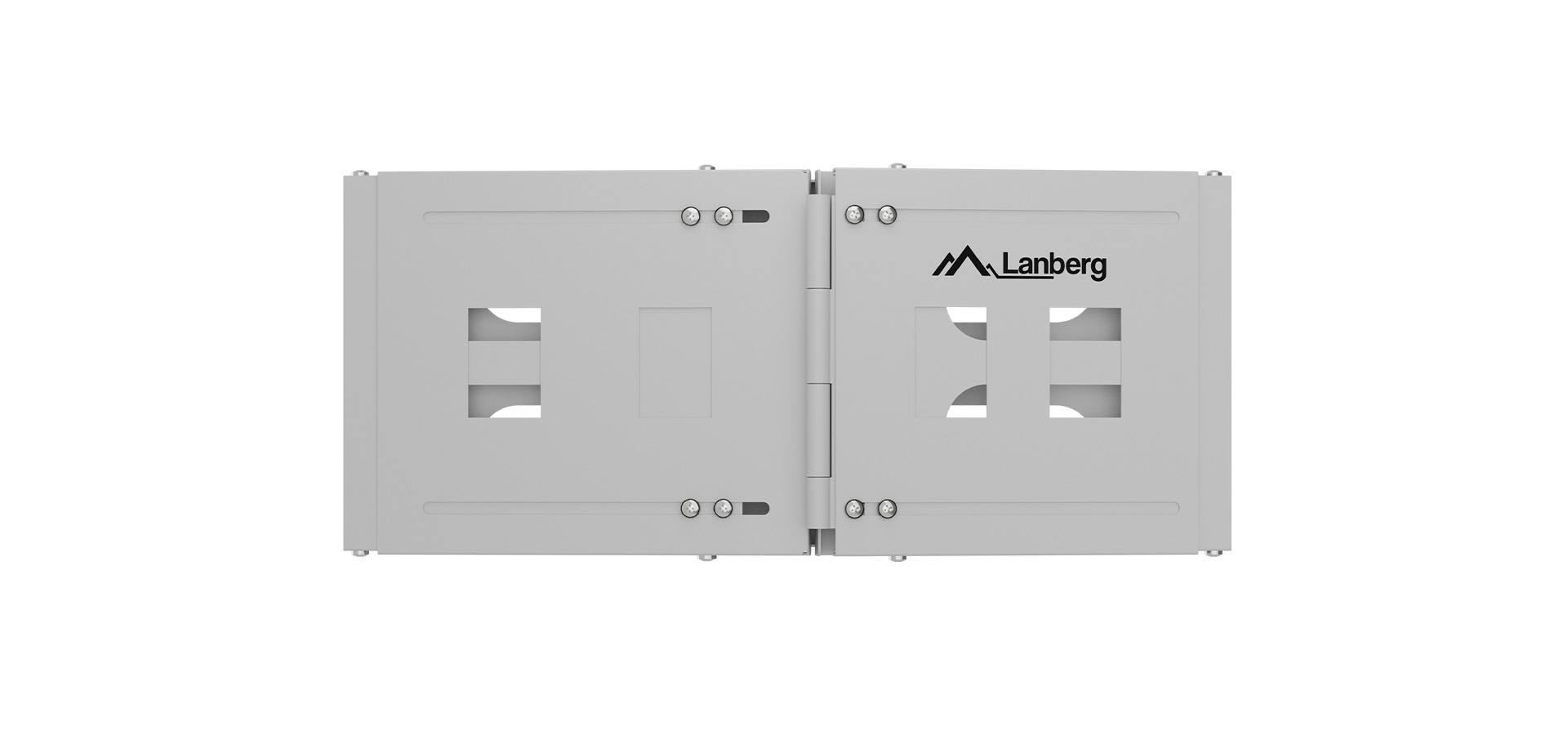 Metalowy złącznik z otworami i zawiasem do montażu i mocowania.