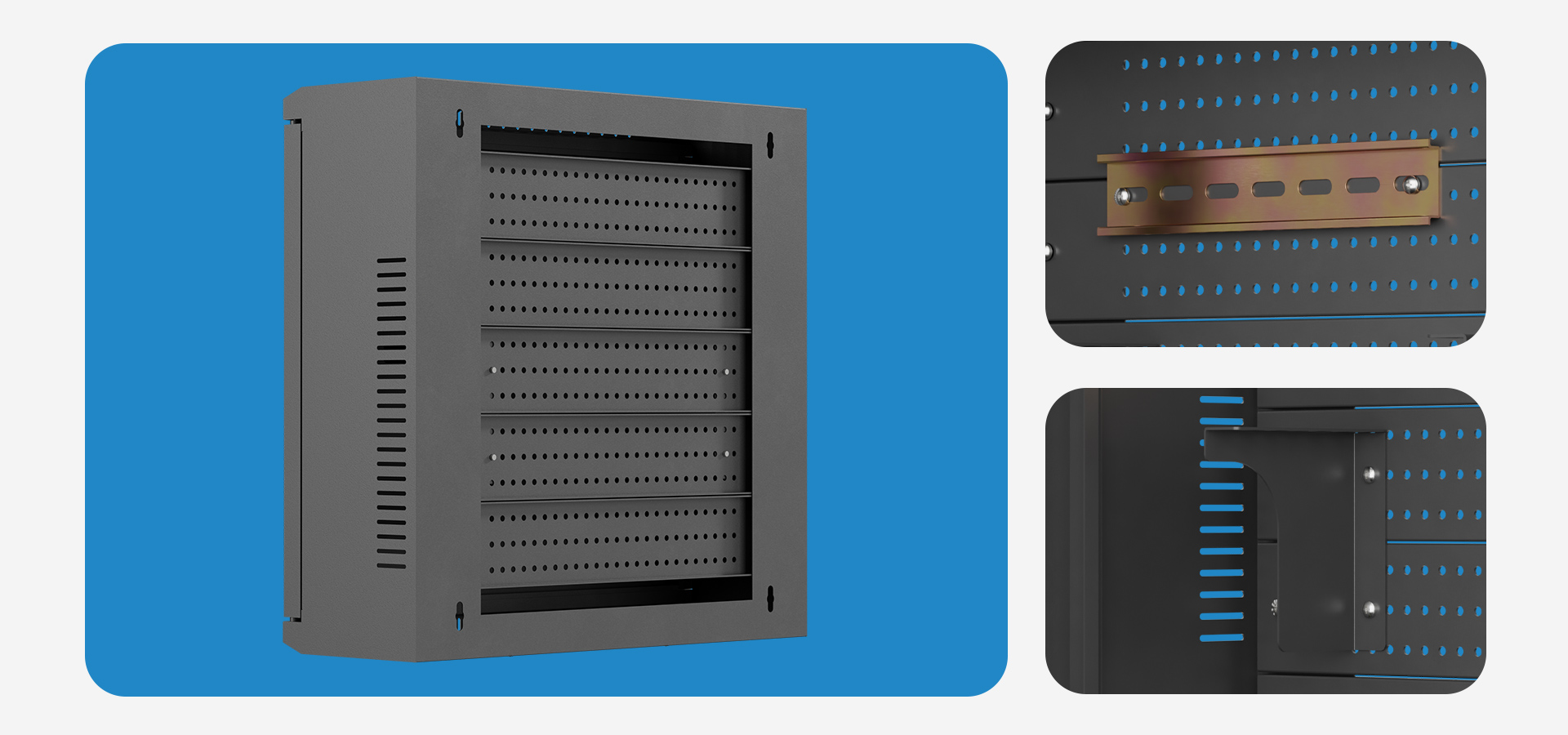 Black wall-mounted enclosure featuring ventilation holes and mounting brackets on the sides.