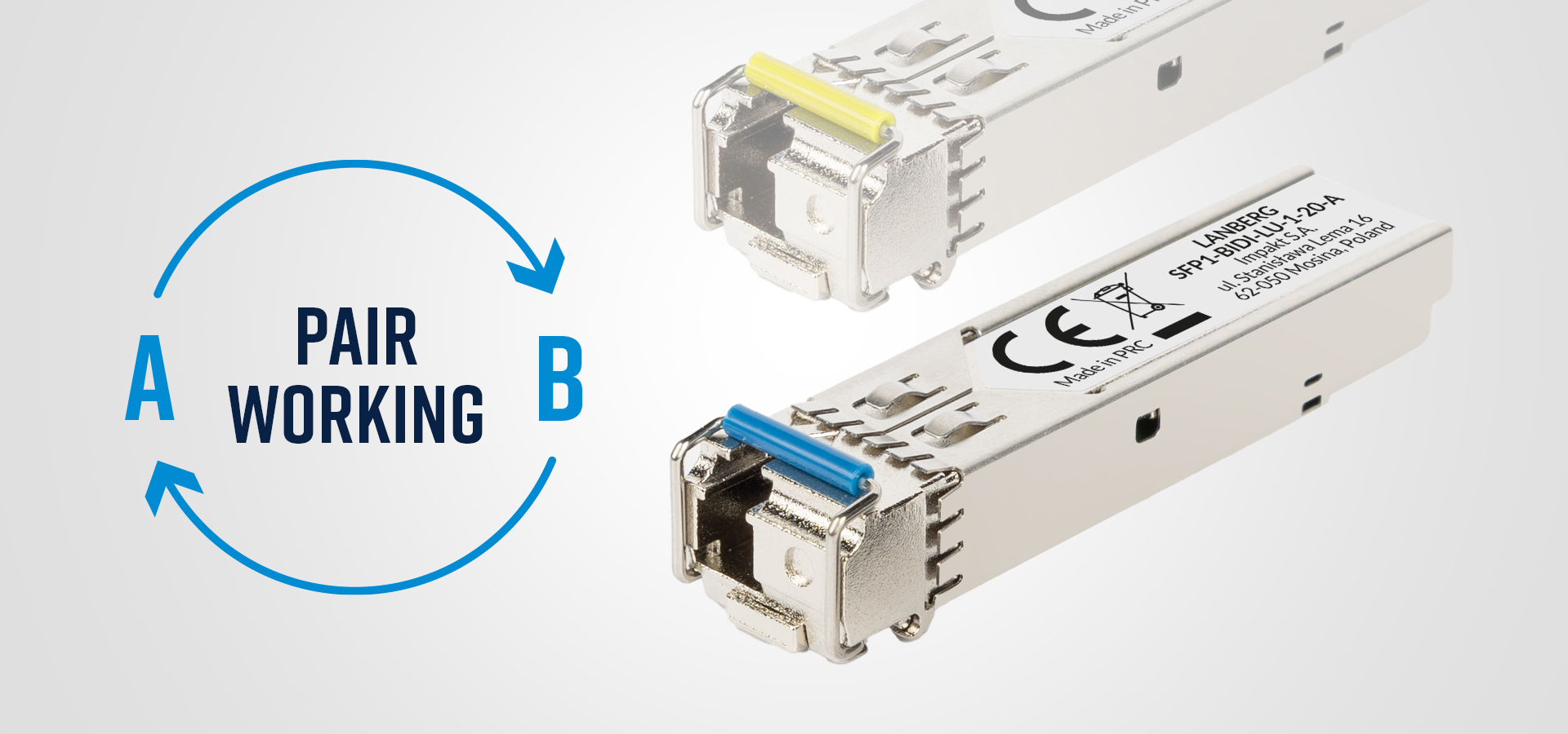 Two similar modules with colored connectors, indicating a pairing and working relationship.