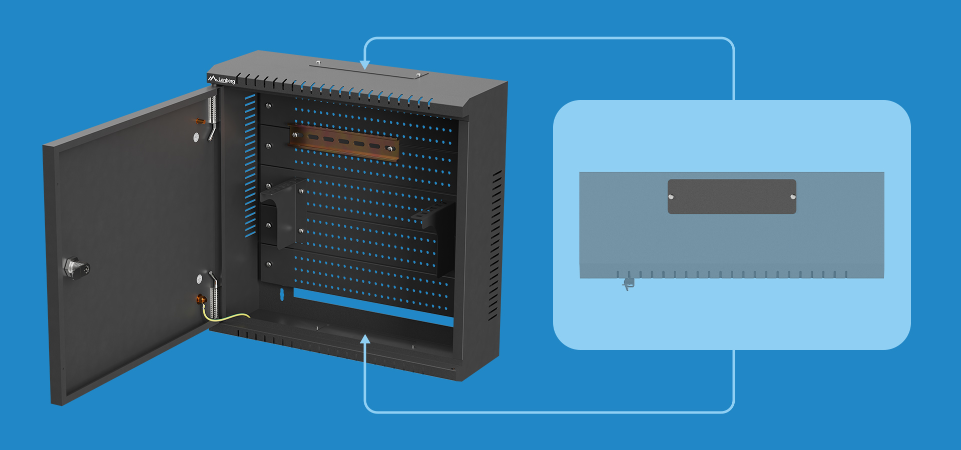 Open wall-mounted enclosure with mounting holes and a removable panel on the side.